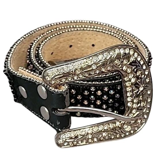Vintage Nocona Studded Rhinestone Leather Belt Women’s M 34–36" Bling Y2K - Picture 1 of 11